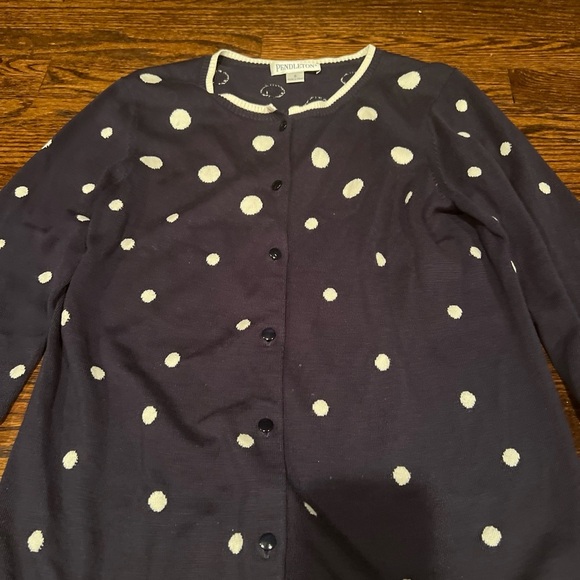 Pendleton Women’s Silk Cardigan Sweater Button Front Polka Dot Navy Blue Sz M - Picture 2 of 4